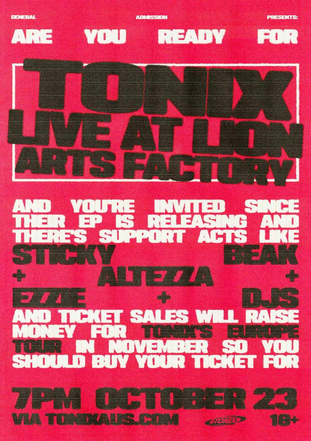 Bright red and black concert poster advertising TONIX live at Lion Arts Factory on October 23 with support from Sticky Beak and Altezza.